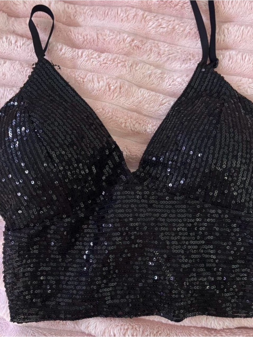 Black Sequin Spaghetti Strap Crop Top
